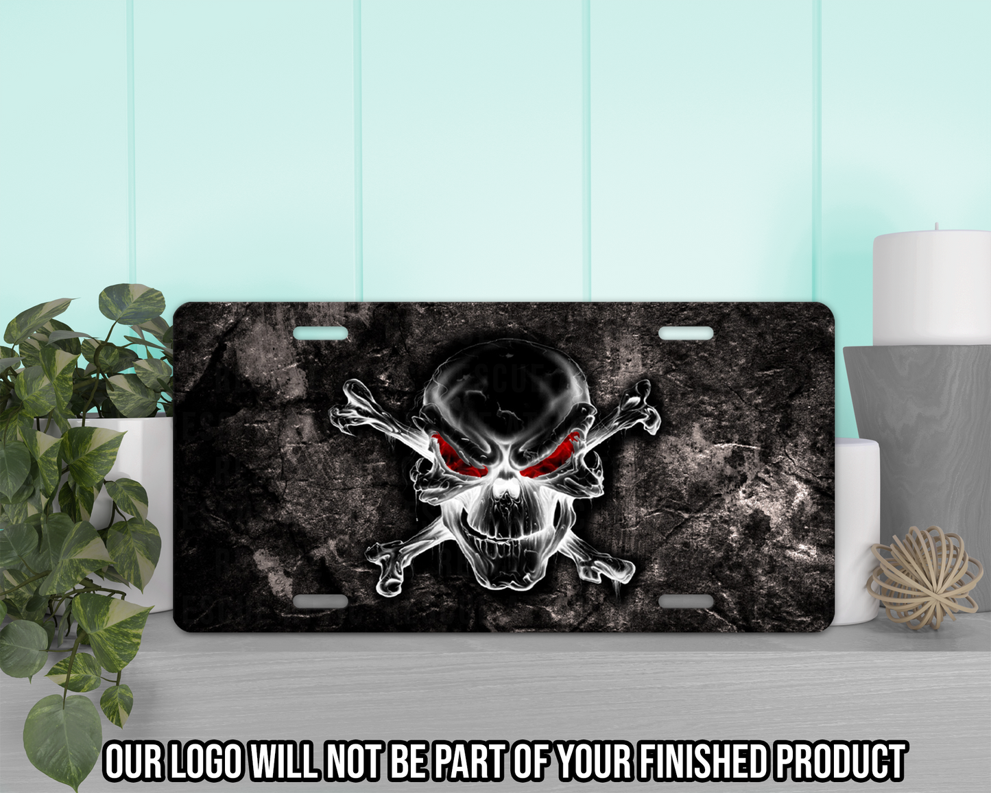 Skull Crossbones Red Flame Eyes Vanity Tag