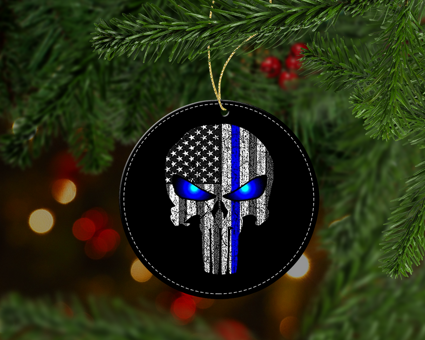 Thin Blue Line Punisher Skull Christmas Ornament