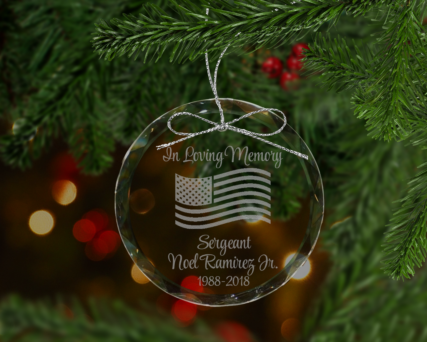 Waving American Flag Memorial Crystal Ornament
