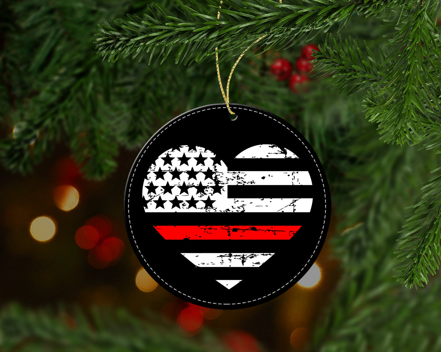 Thin Red Line Heart Flag Christmas Ornament