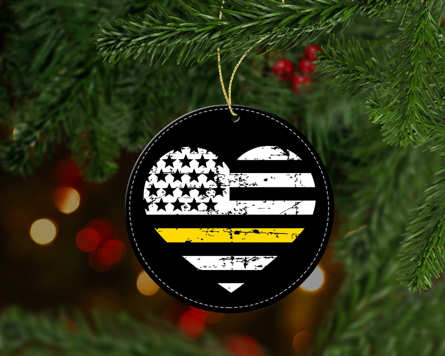 Thin Yellow Line Heart Flag Christmas Ornament