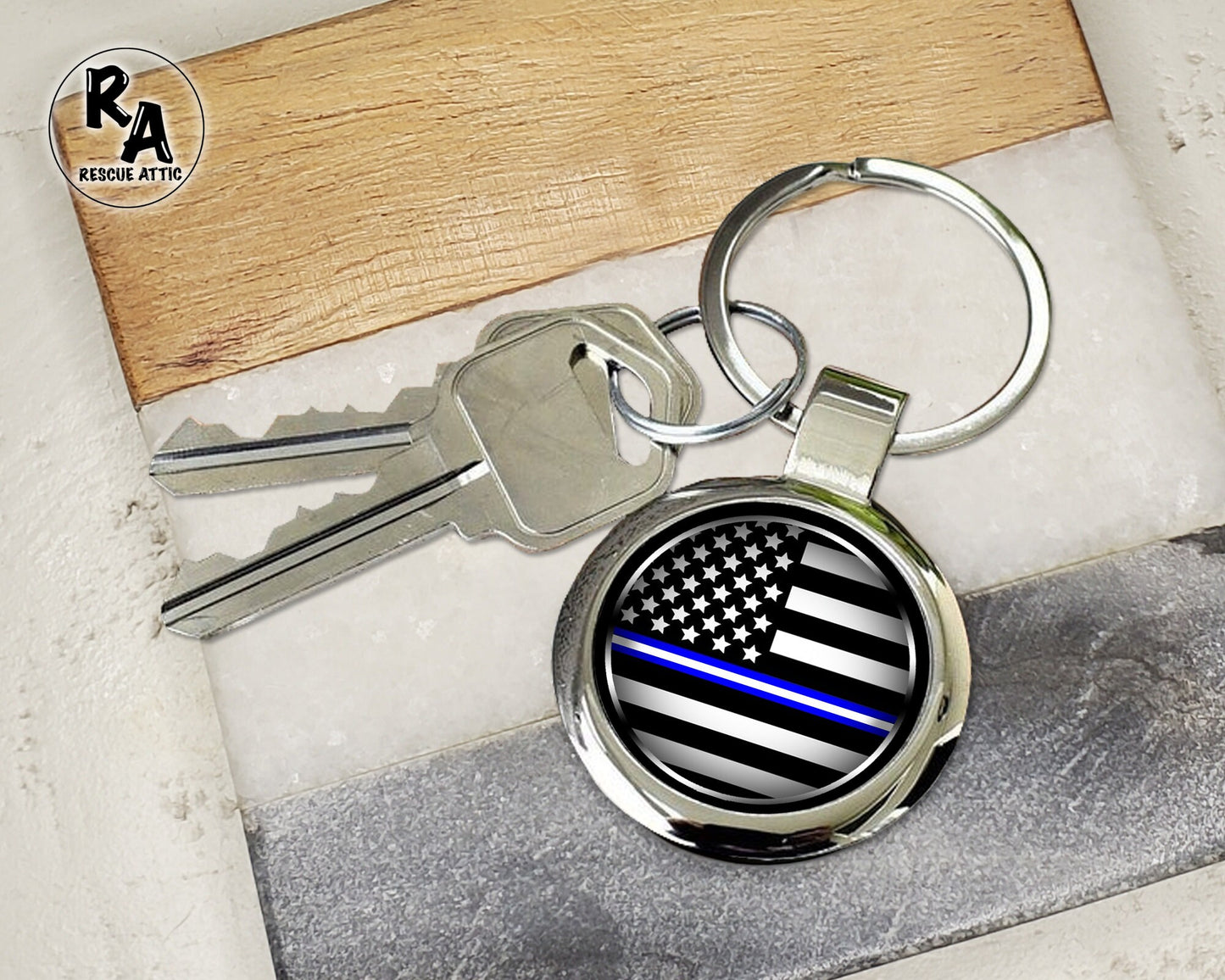 Thin Blue & White Line Flag EMS Keychain