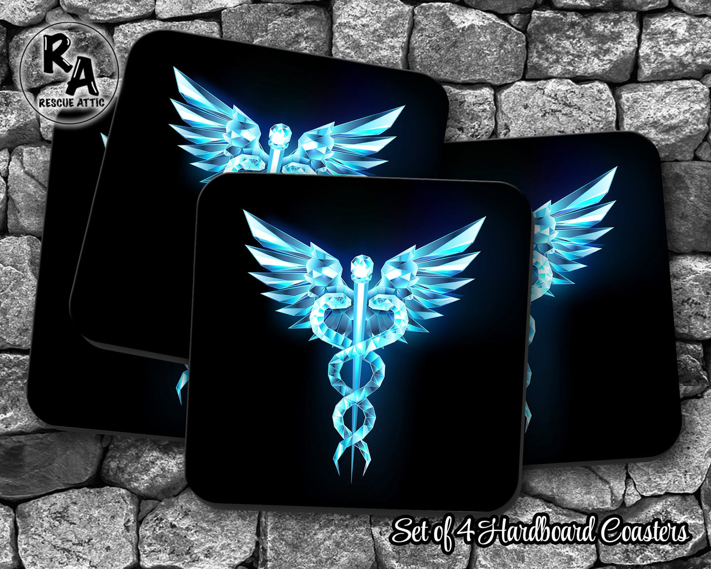 Blue Glass Caduceus Drink Coasters