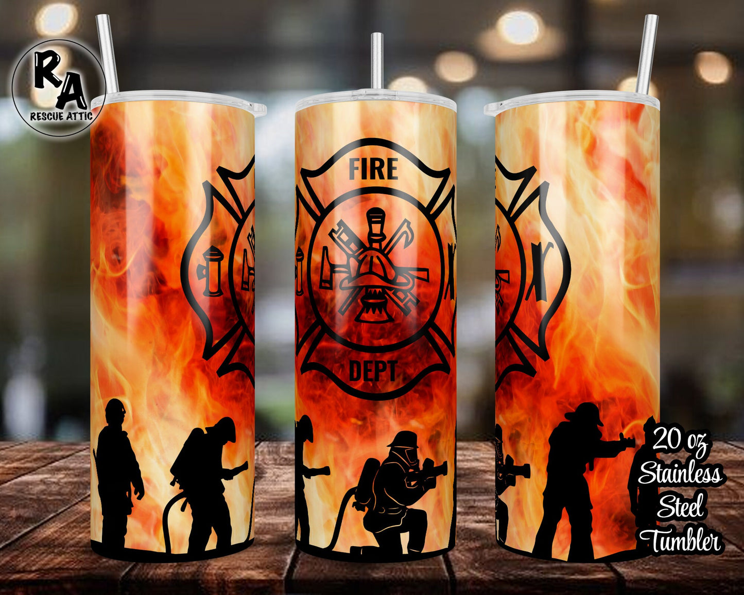 Rolling Fire Firefighter Silhouette 20oz Skinny Tumbler
