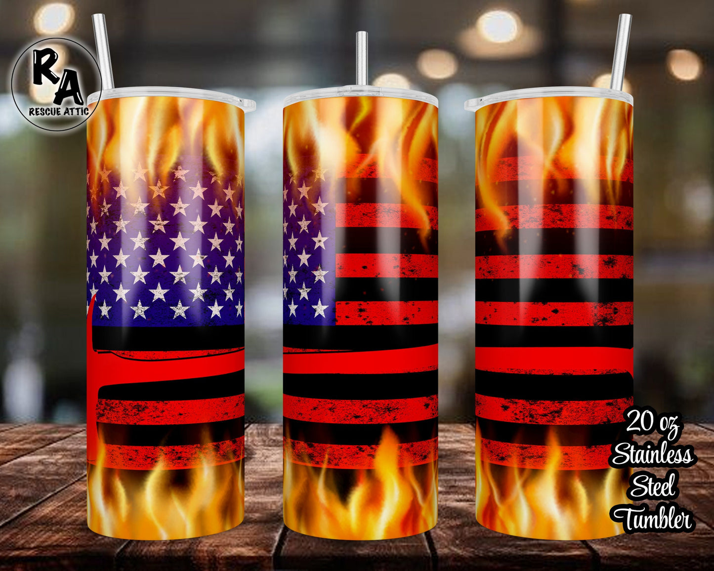American Flag Axe Thin Line Fire Flame 20oz Skinny Tumbler