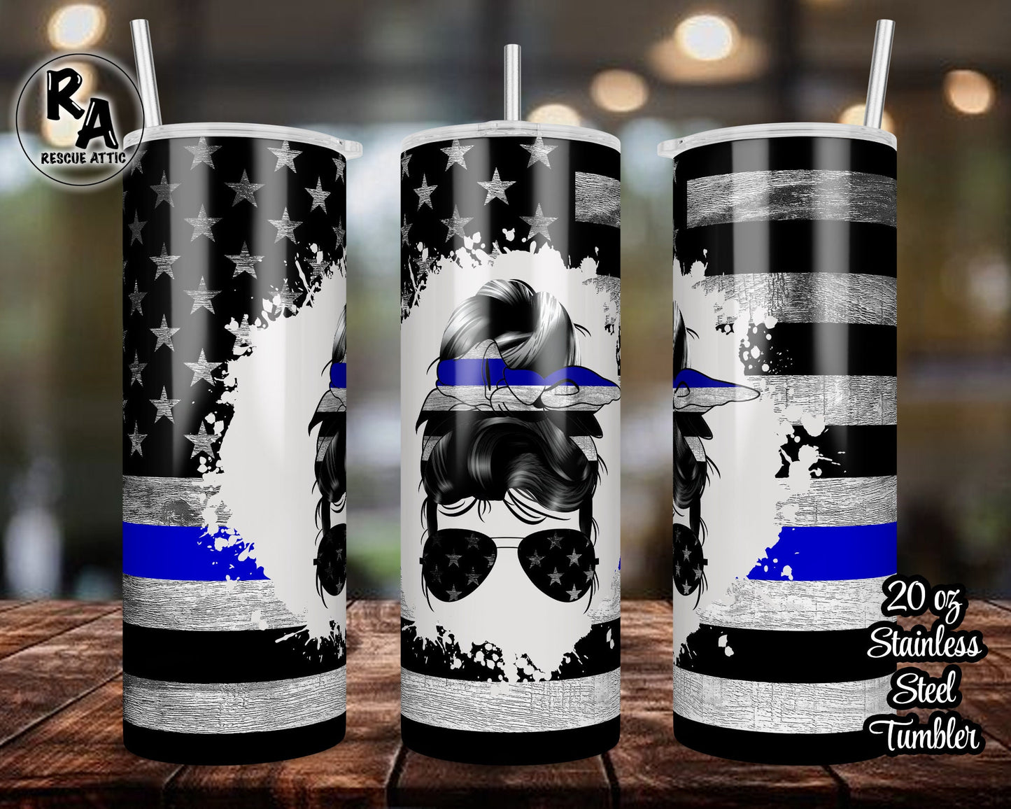 Thin Blue Line Messy Bun 20oz Skinny Tumbler