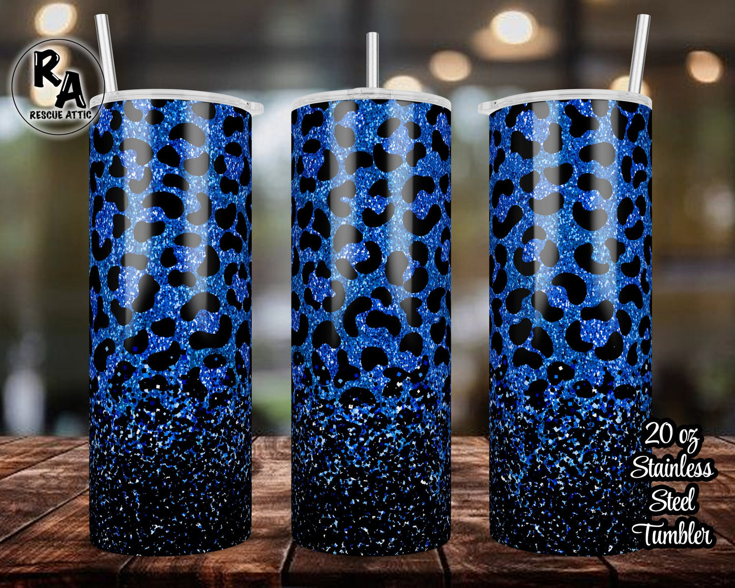 Faux Glitter Black & Blue Ombre 20oz Skinny Tumbler