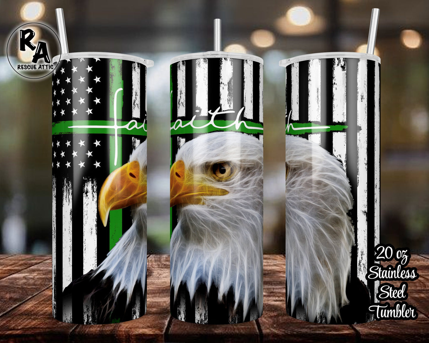 Bald Eagle Thin Green Line Faith Cross 20oz Skinny Tumbler