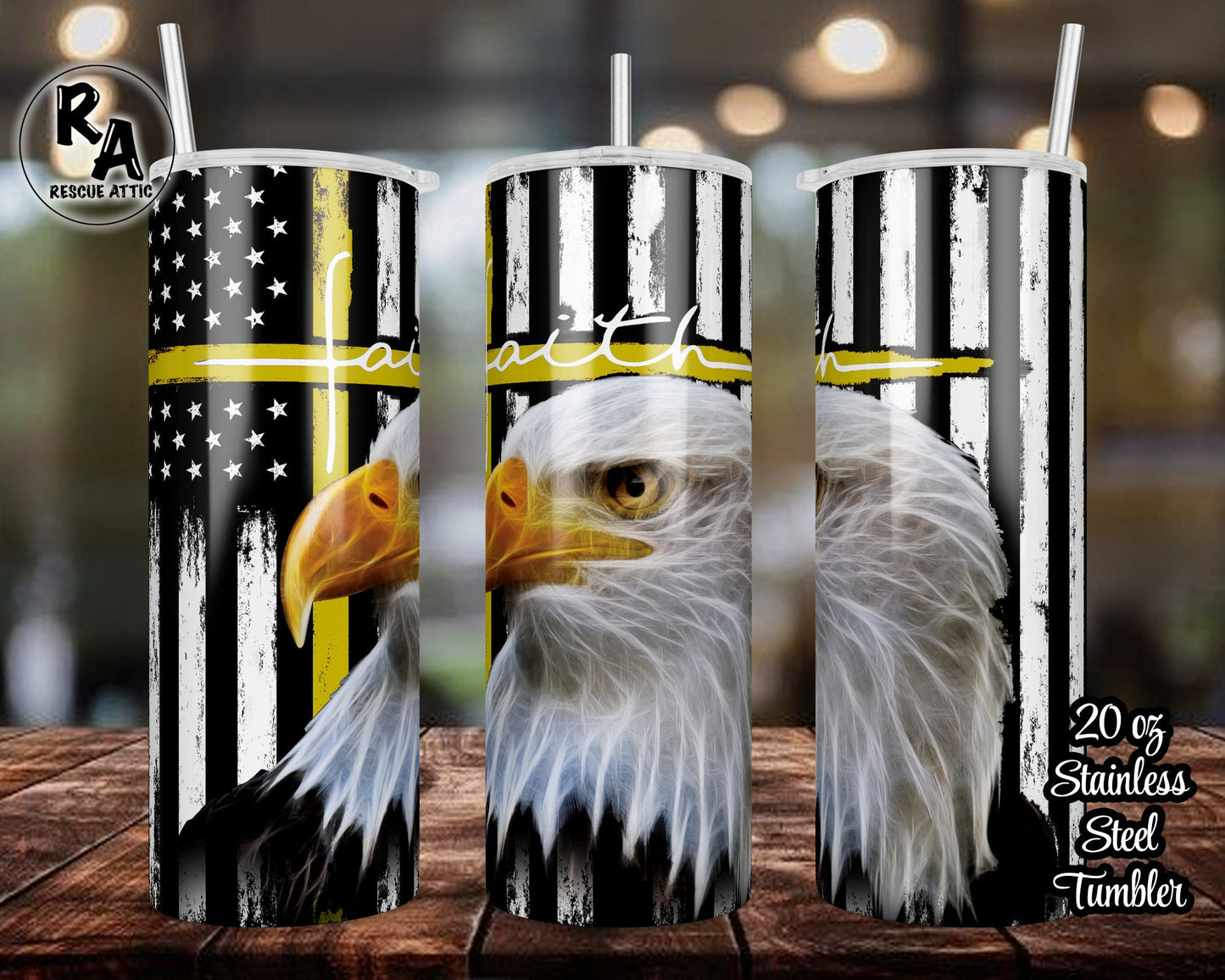 Bald Eagle Thin Yellow Line Faith Cross 20oz Skinny Tumbler