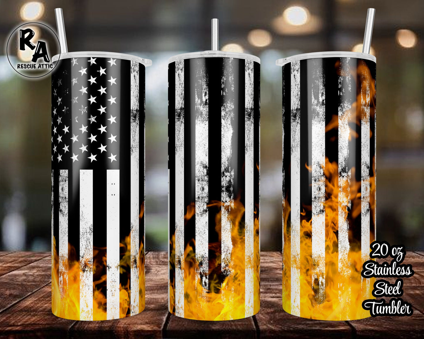 American Flag Fire Flame 20oz Skinny Tumbler