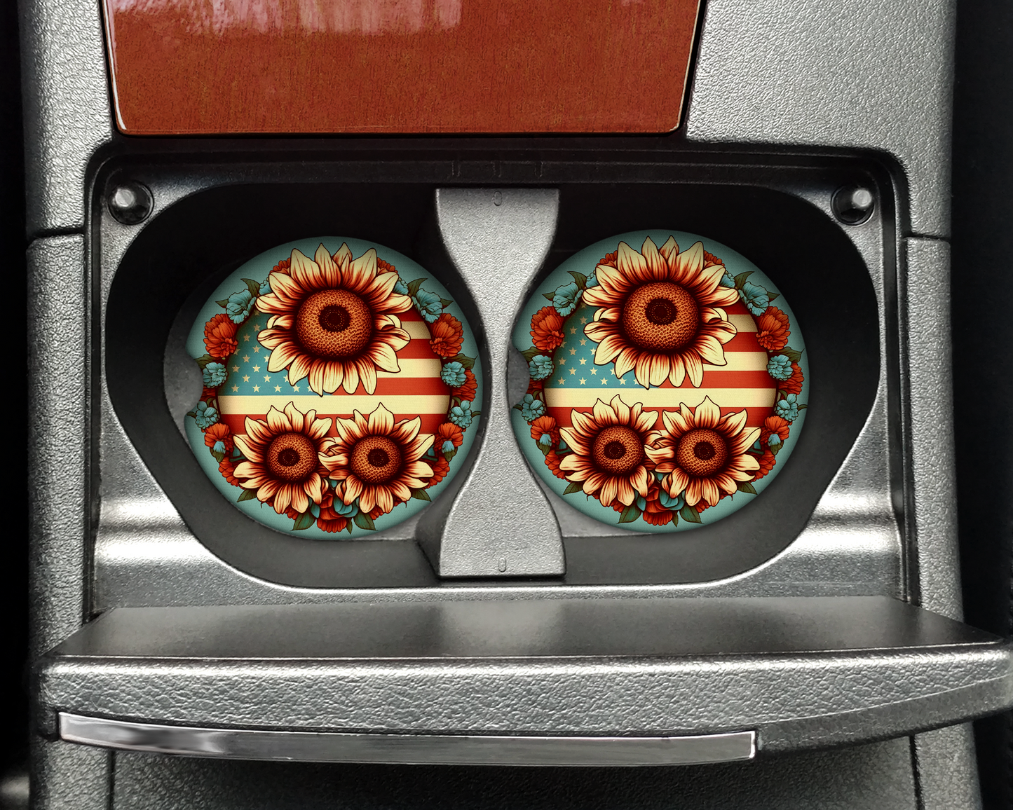 American Flag Sunflower Heart Car Coaster