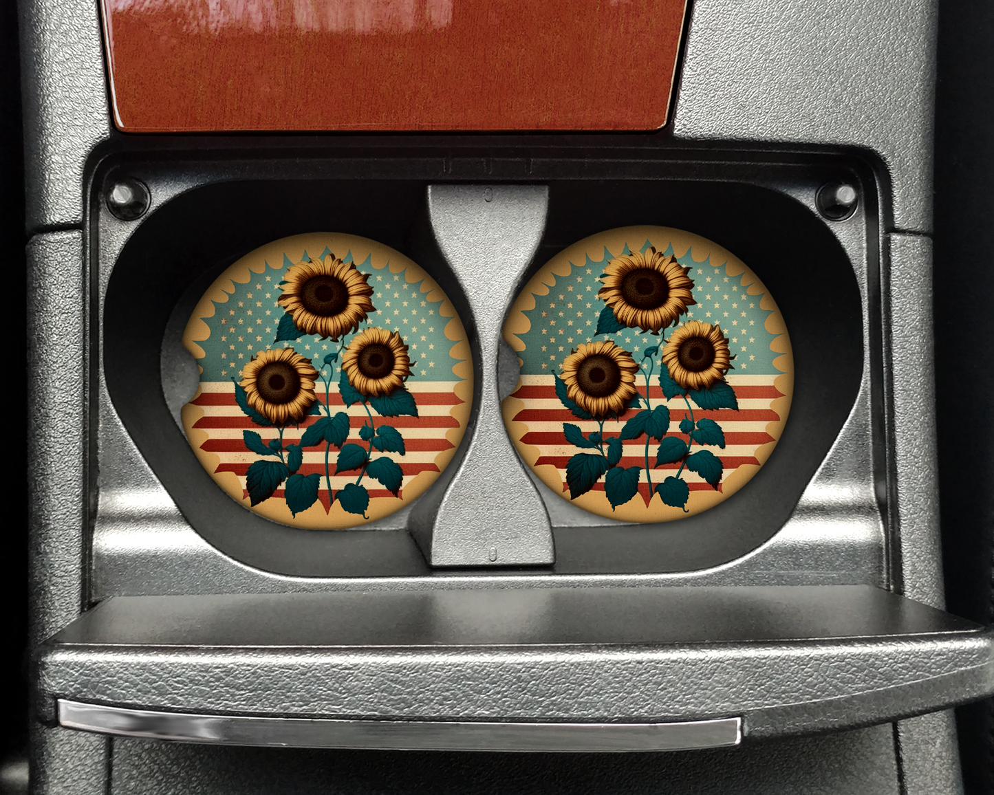 American Flag Sunflower Heart Car Coaster