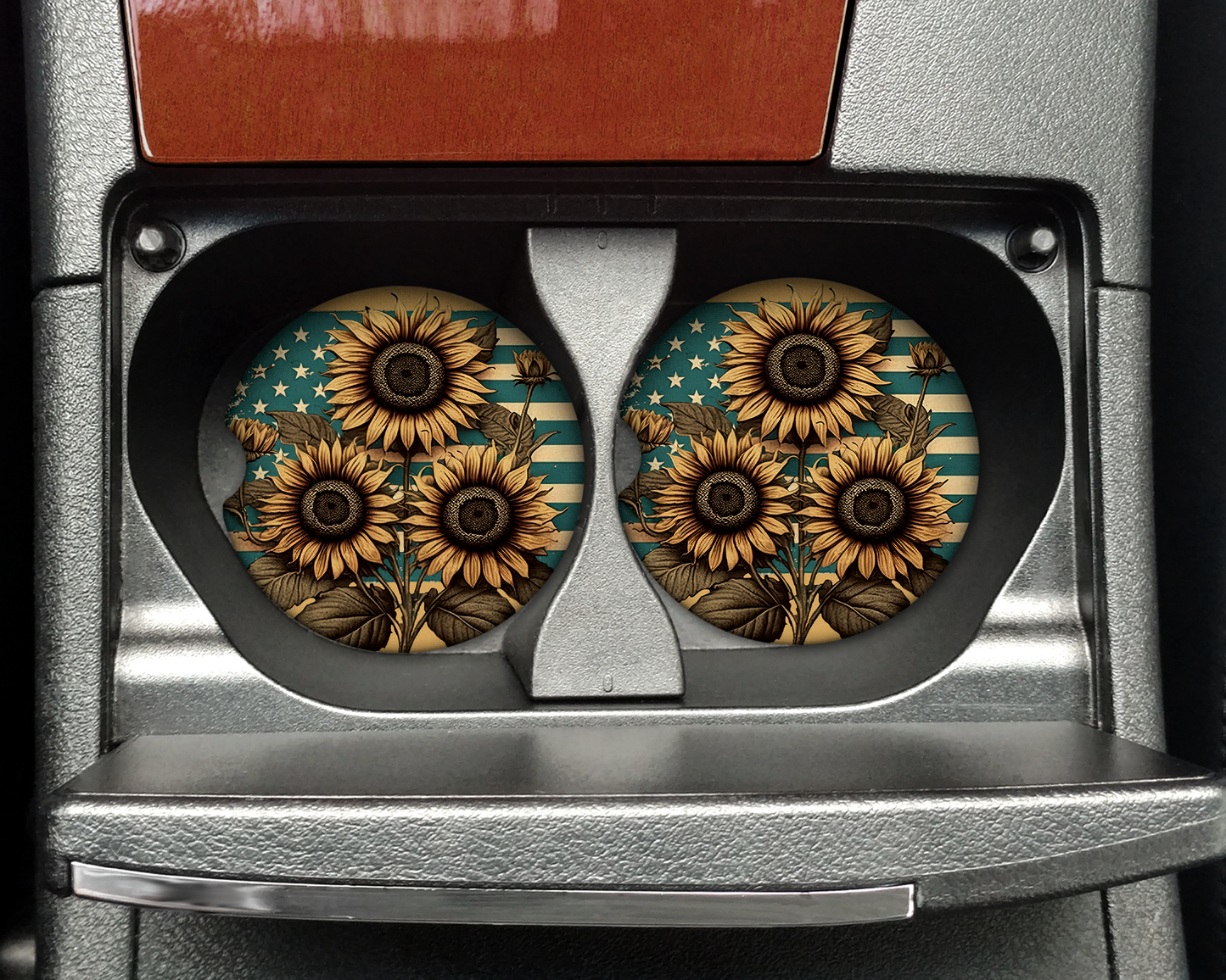 Sunflower Flag Heart Car Coaster