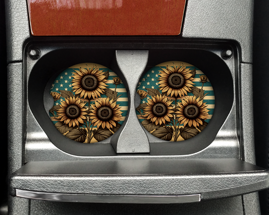 Sunflower Flag Heart Car Coaster