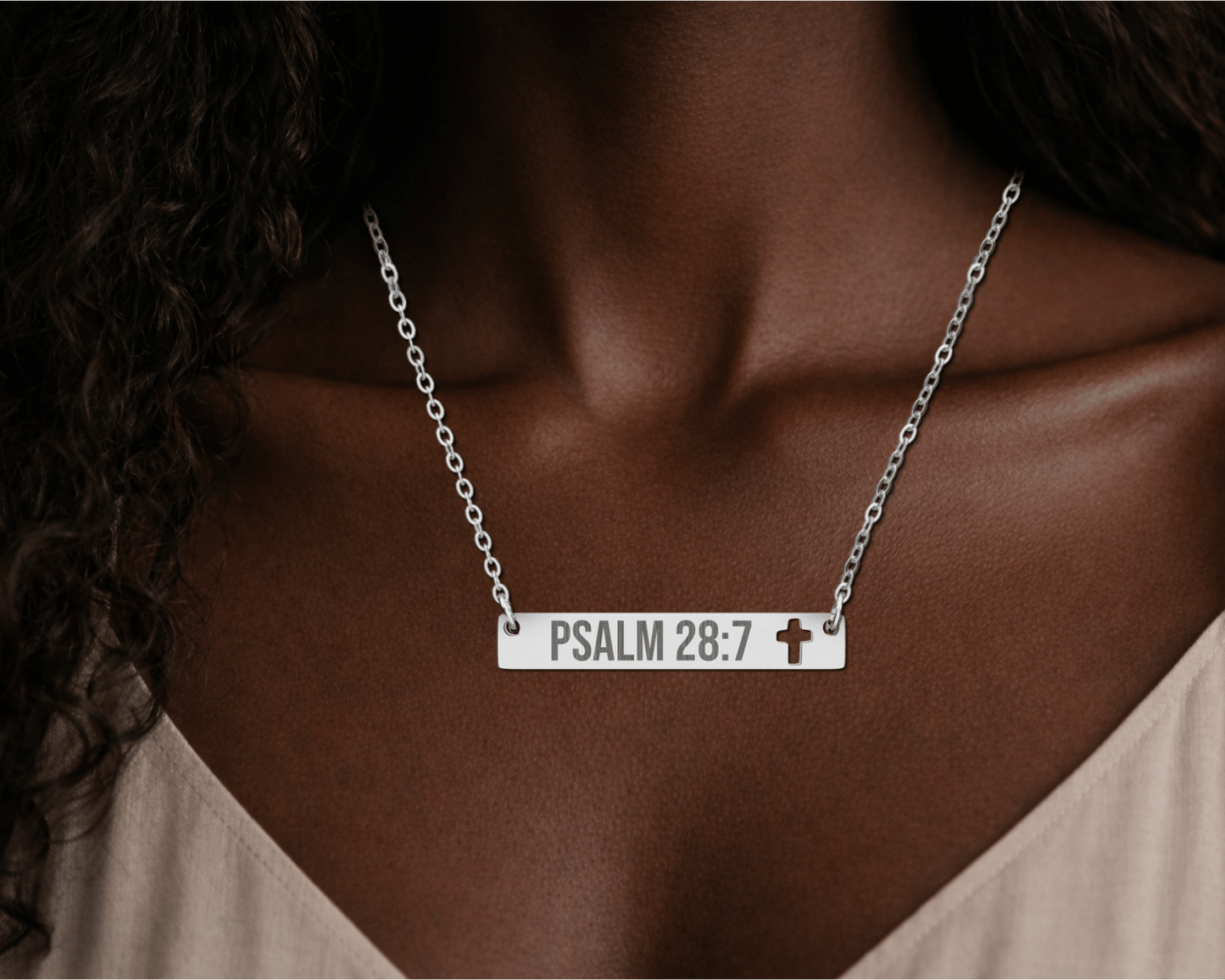 Psalm 28:7 Cross Cutout Bar Necklace