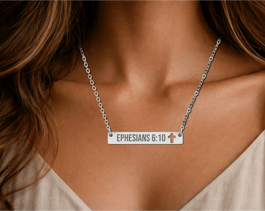 Ephesians 6:10 Cross Cutout Bar Necklace