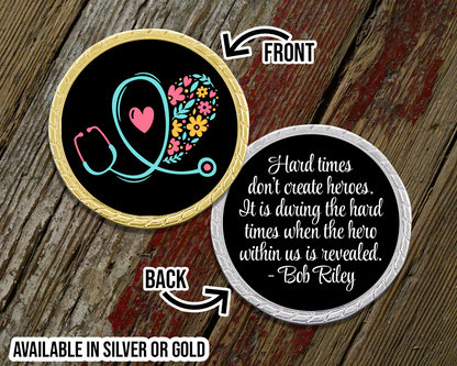 Dark Floral Stethoscope Challenge Coin