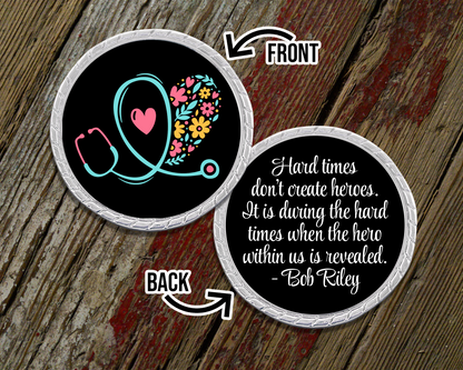 Dark Floral Stethoscope Challenge Coin