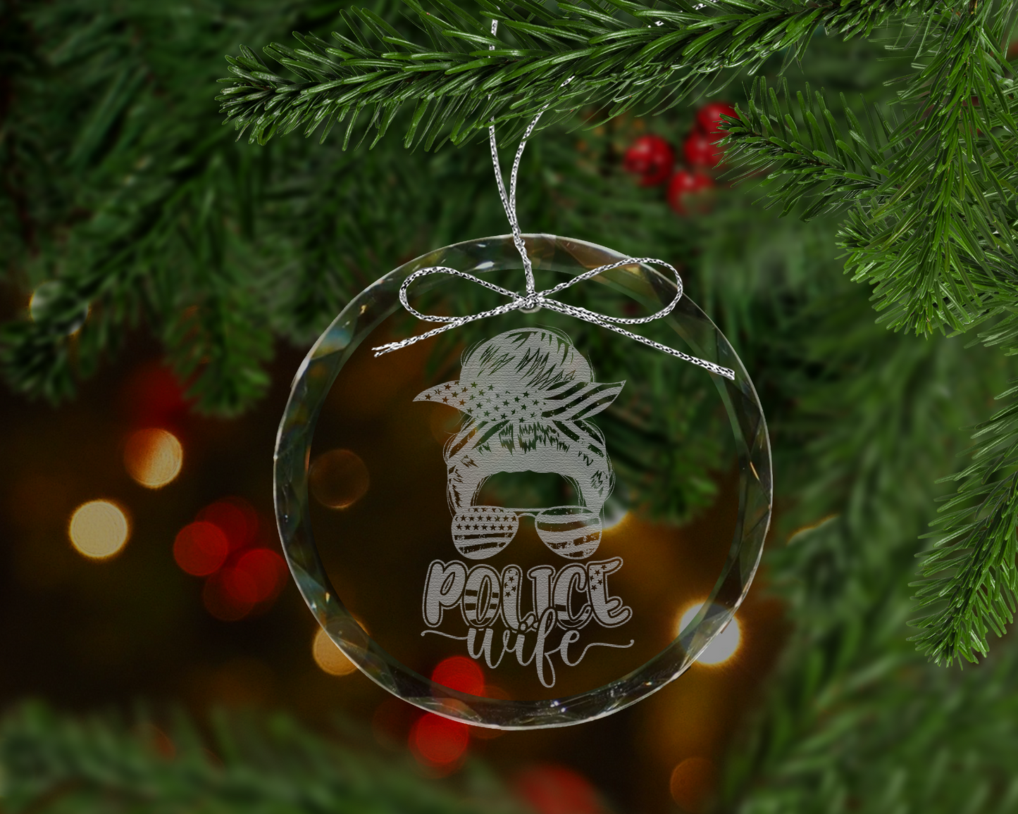Messy Bun Police Wife Crystal Ornament