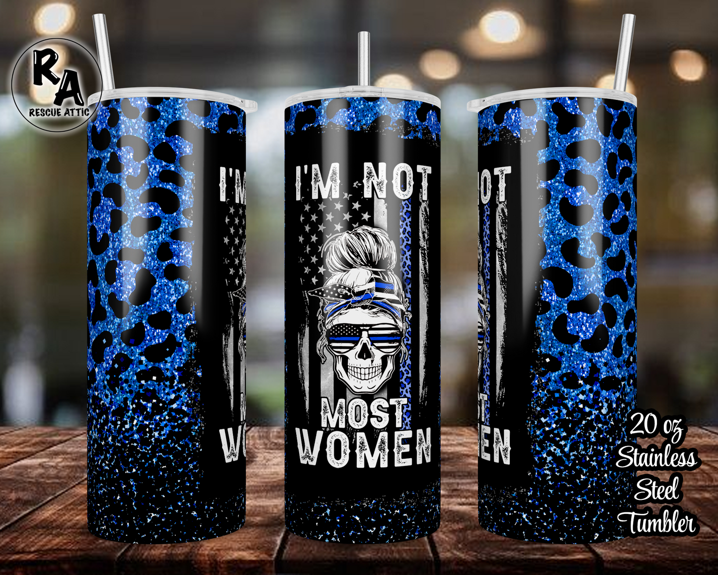 Not Like Most Women Faux Glitter Black & Blue Ombre 20oz Skinny Tumbler