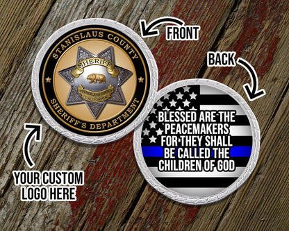 Blessed Are The Peacemakers Blue Line Challenge Coin with Personalized Logo