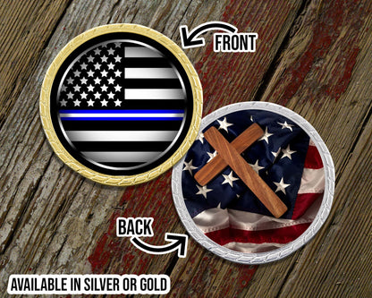 Thin Blue & White Line with Cross Challenge Coin
