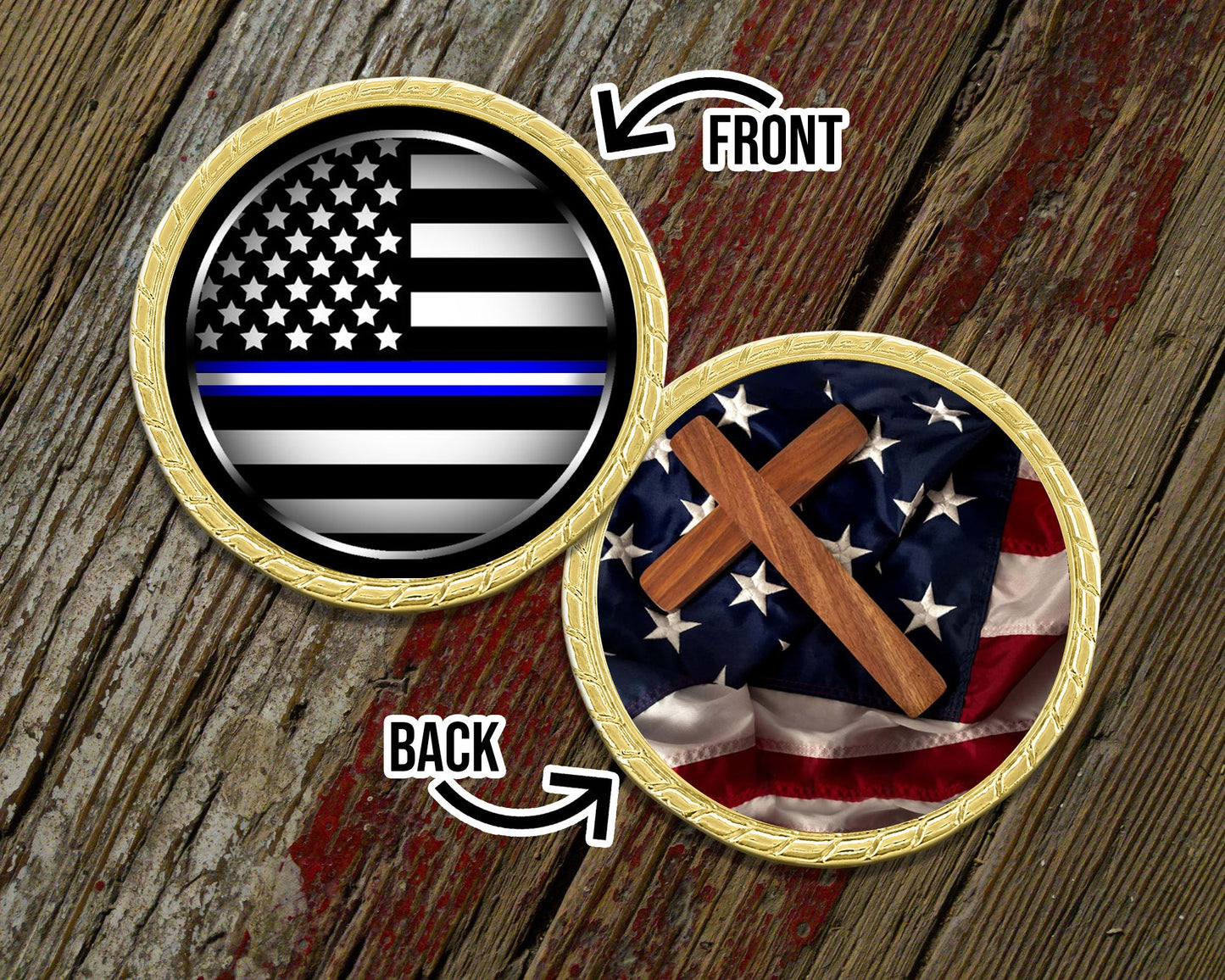Thin Blue & White Line with Cross Challenge Coin