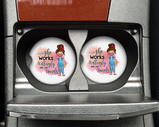 She Works Diligently With Her Hands Car Coaster