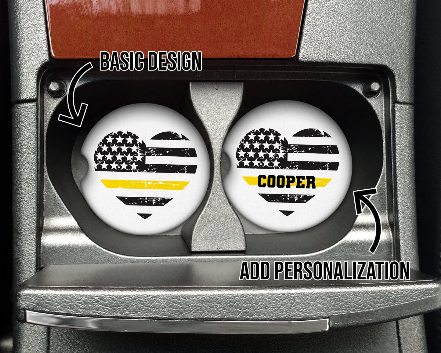 Thin Yellow Line Heart Flag Distressed Car Coaster