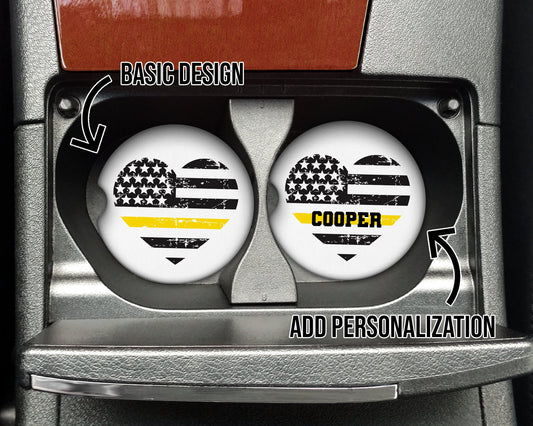 Thin Yellow Line Heart Flag Distressed Car Coaster