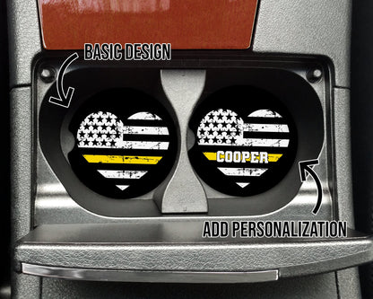 Thin Yellow Line Heart Flag Distressed Car Coaster