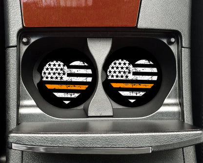 Thin Orange Line Heart Flag Distressed Car Coaster