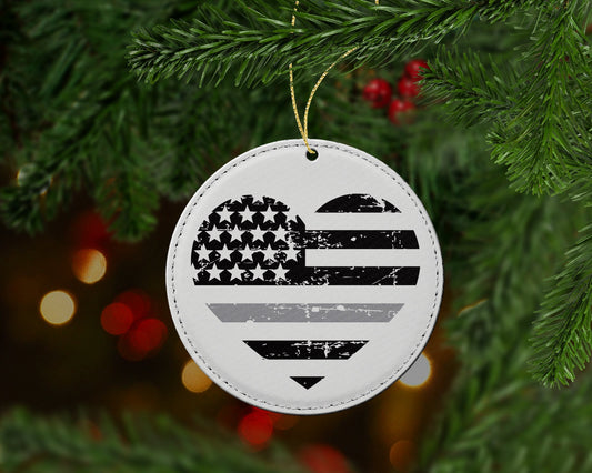 Thin Silver Line Heart Flag Christmas Ornament