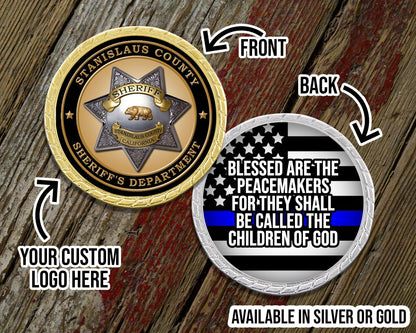 Blessed Are The Peacemakers Blue Line Challenge Coin with Personalized Logo