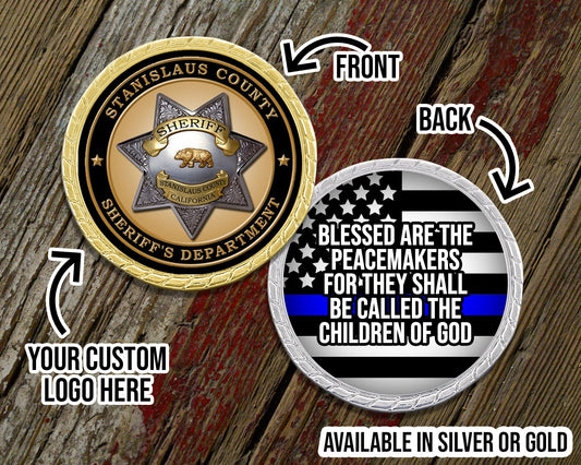 Blessed Are The Peacemakers Blue Line Challenge Coin with Personalized Logo