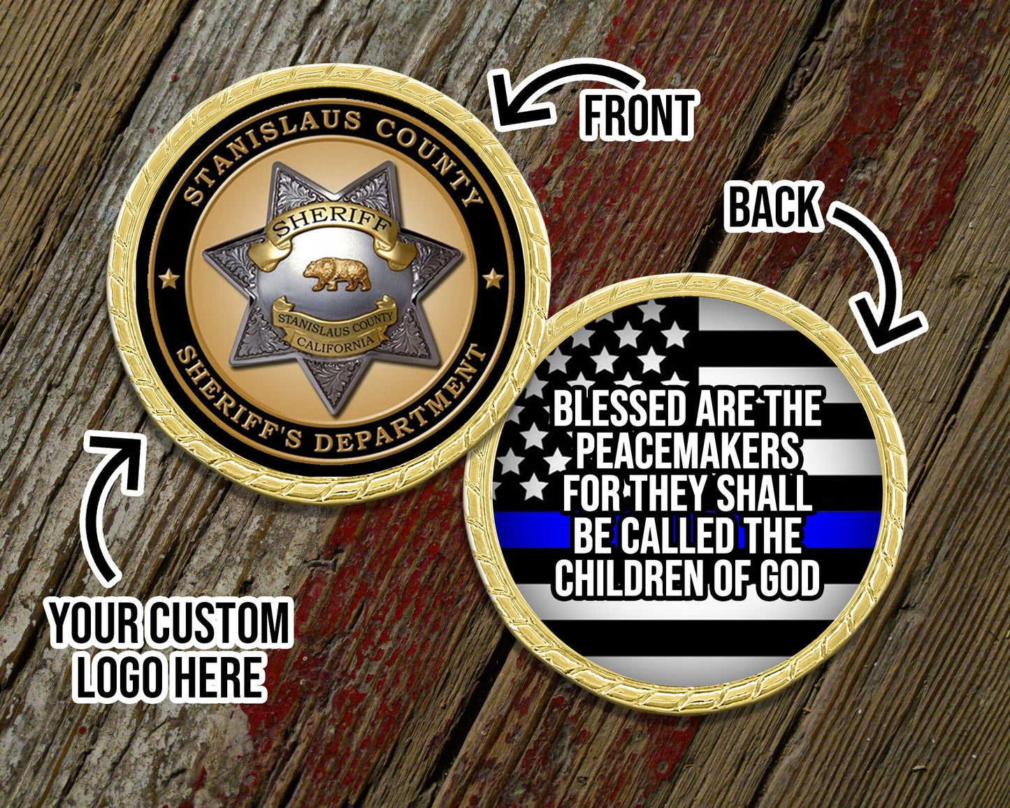 Blessed Are The Peacemakers Blue Line Challenge Coin with Personalized Logo