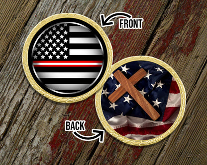 Thin Red White Line with Cross Challenge Coin