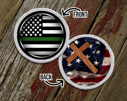 Thin Green Line with Cross Challenge Coin