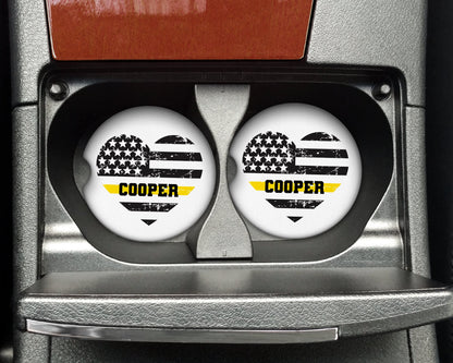 Thin Yellow Line Heart Flag Distressed Car Coaster