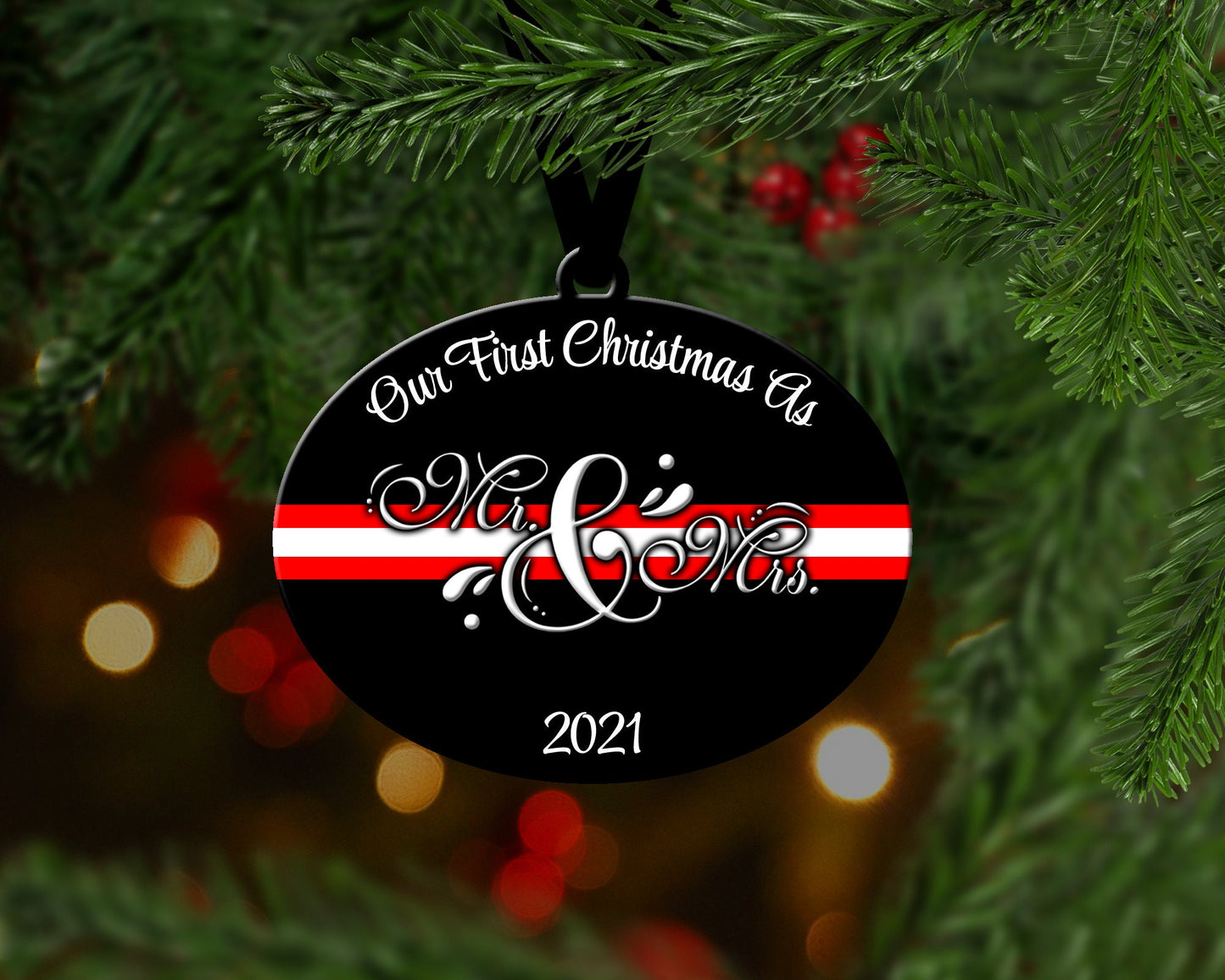 New Couple Thin Red White Line Christmas Ornament