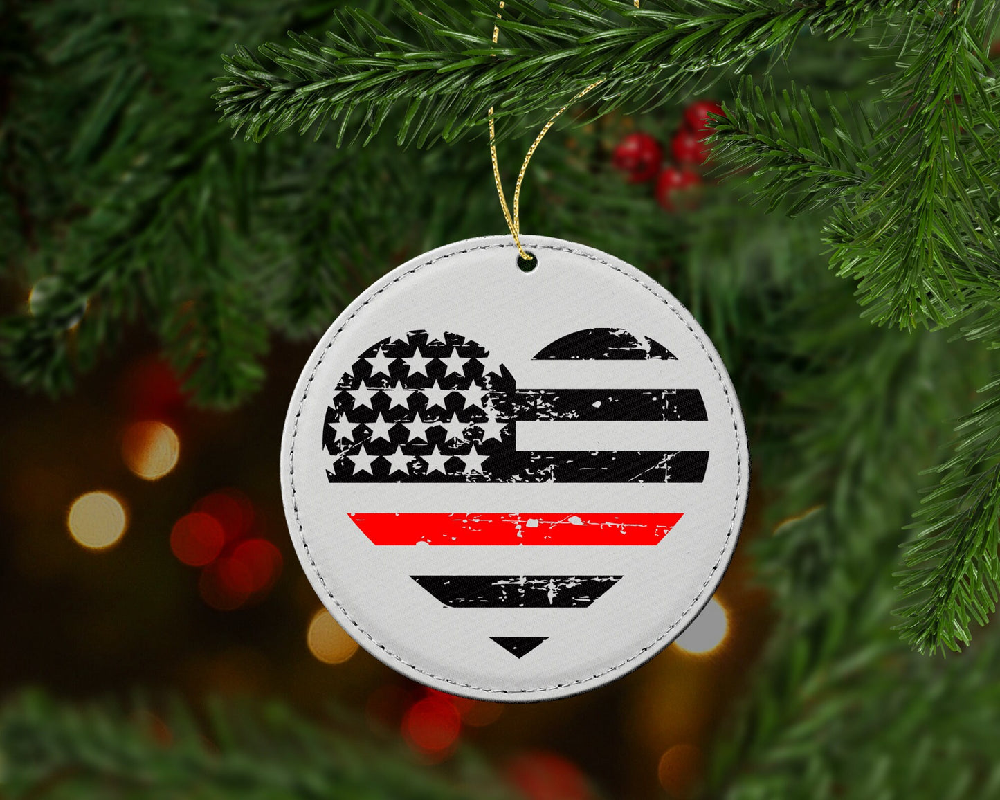 Thin Red Line Heart Flag Christmas Ornament