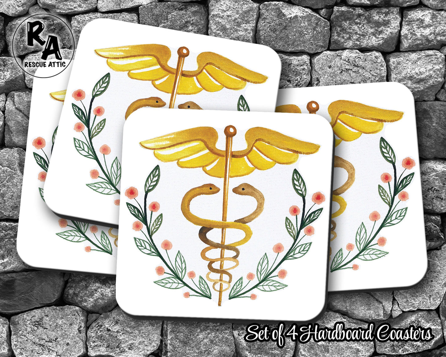 Floral Caduceus Drink Coasters
