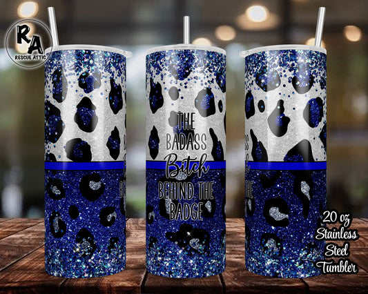 Thin Blue Line Faux Glitter Police Wife 20oz Skinny Tumbler
