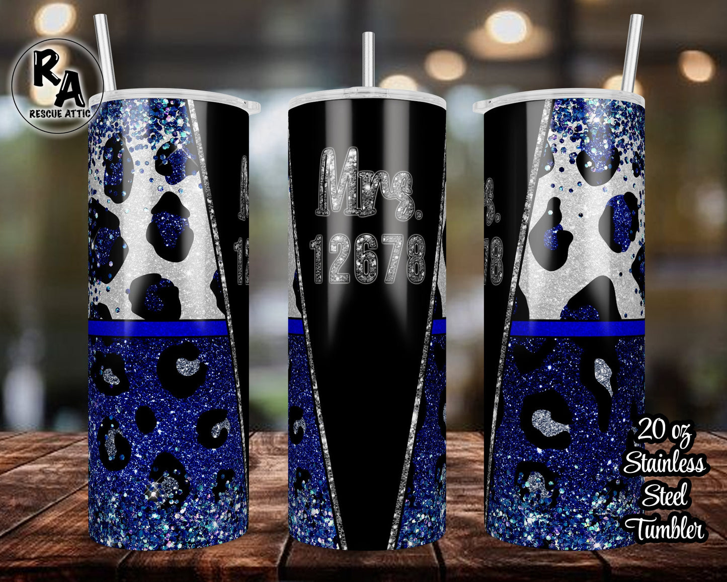 Thin Blue Line Faux Glitter Police Wife 20oz Skinny Tumbler