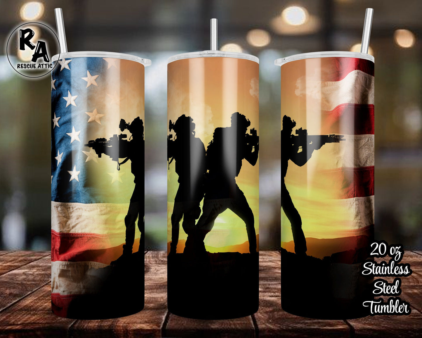 American Soldier Silhouette Sunset 20oz Skinny Tumbler