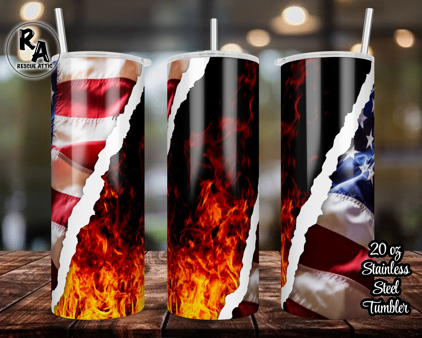 American Flag Fire Flame 20oz Skinny Tumbler