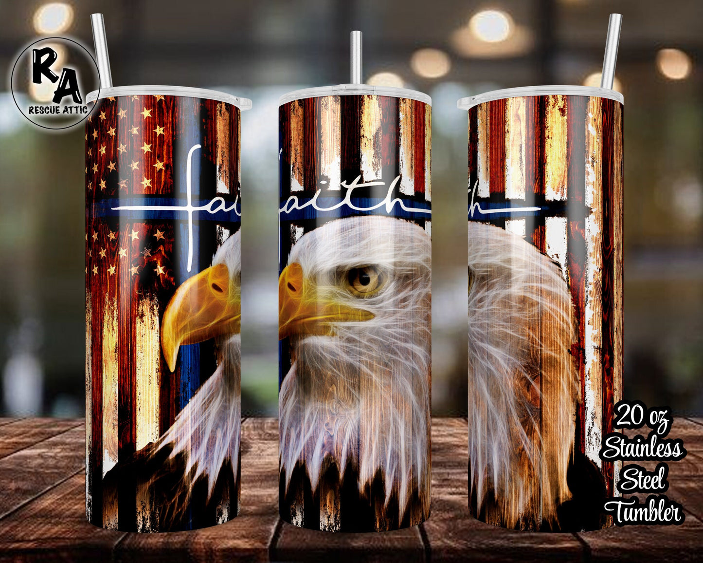 Bald Eagle Thin Blue Line Faith Cross 20oz Skinny Tumbler