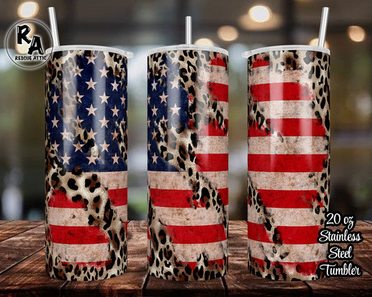 American Flag Leopard Print Patriotic 20oz Skinny Tumbler