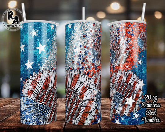 Faux Glitter American Sunflower Patriotic 20oz Skinny Tumbler