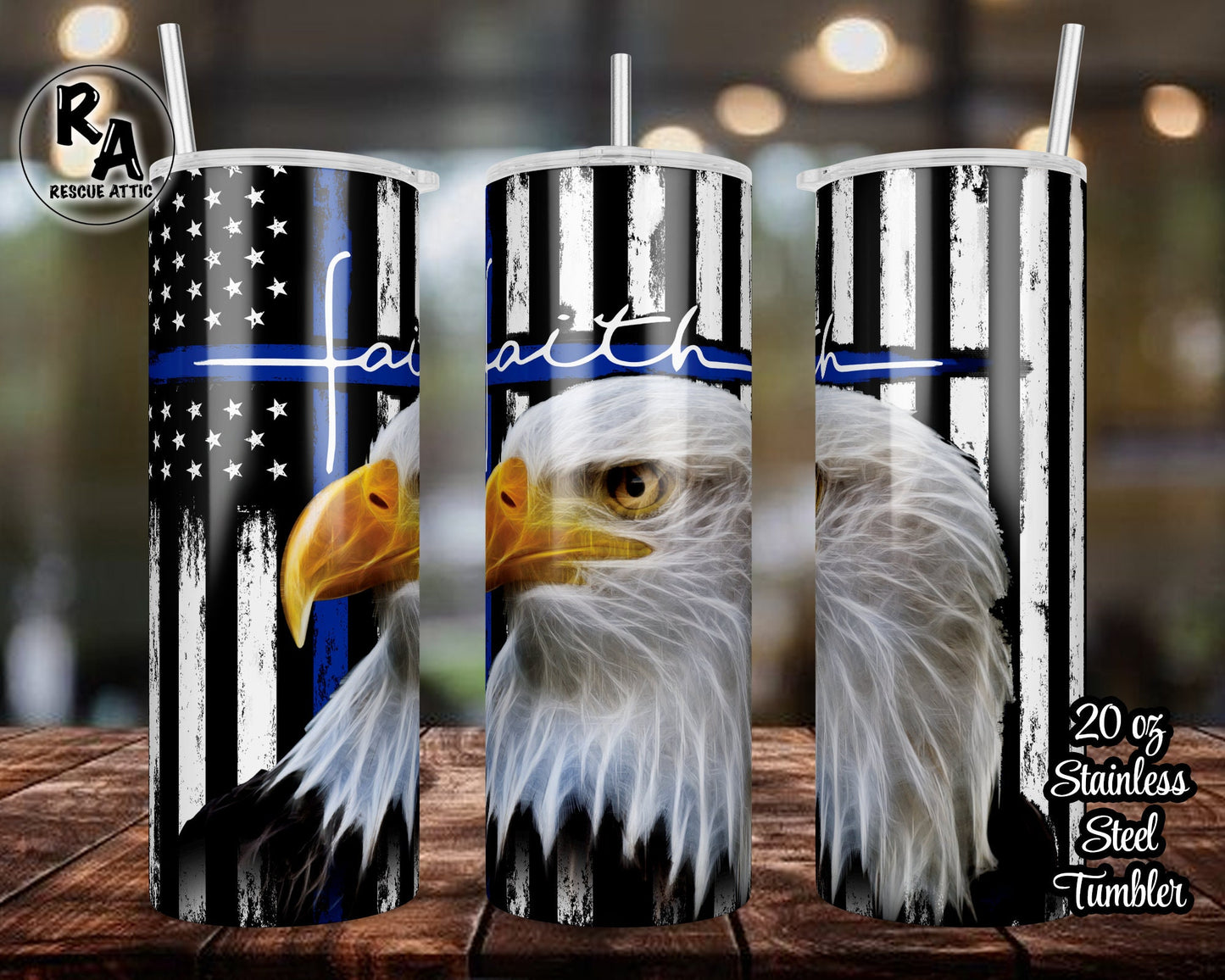 Bald Eagle Thin Blue Line Faith Cross 20oz Skinny Tumbler